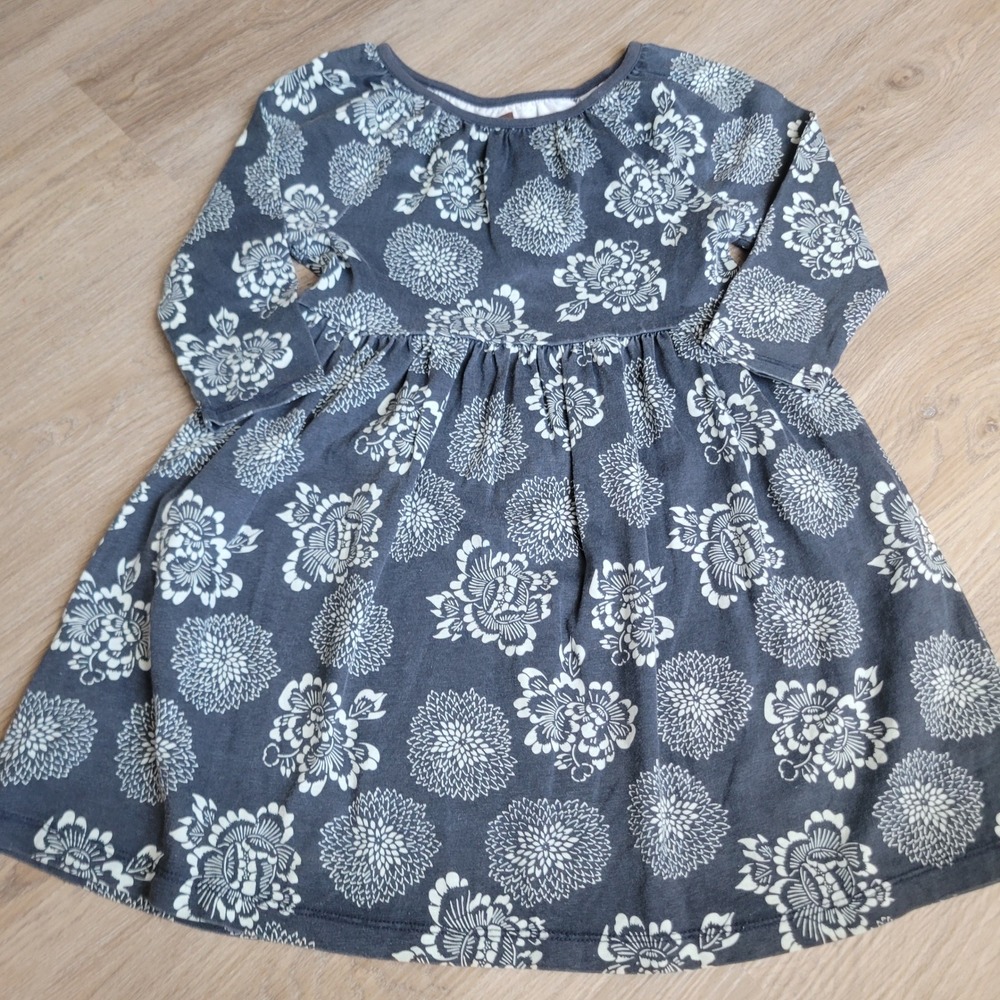Tea Collection Girls Dress Size 6 Gray‎ White Floral Cotton Long Sleeve Casual